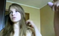 Cute blonde teen gives a hot handjob and a blowjob