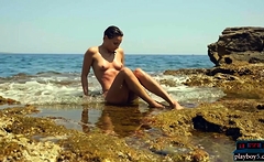 Sexy bikini teen strips naked outdoor near the sea