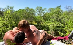 Handsome buddies enjoy quick bareback fuck outdoors