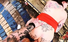 Public POV fucked tattooed slut rides